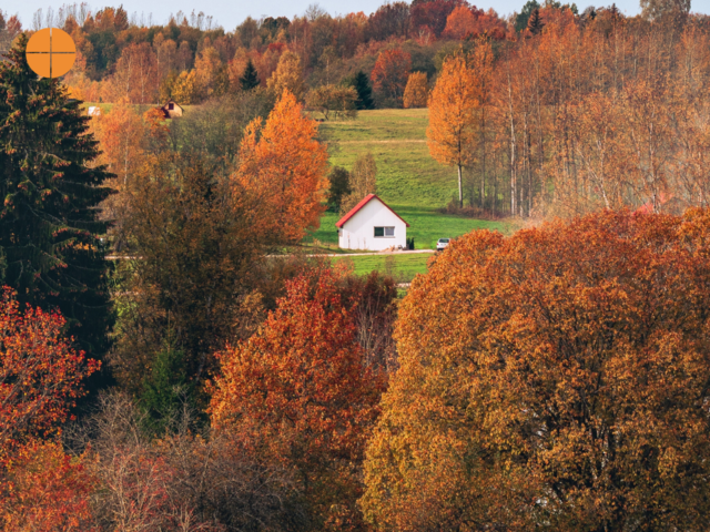 Autum forest landscape with small, cozy, rural cottage house far away.