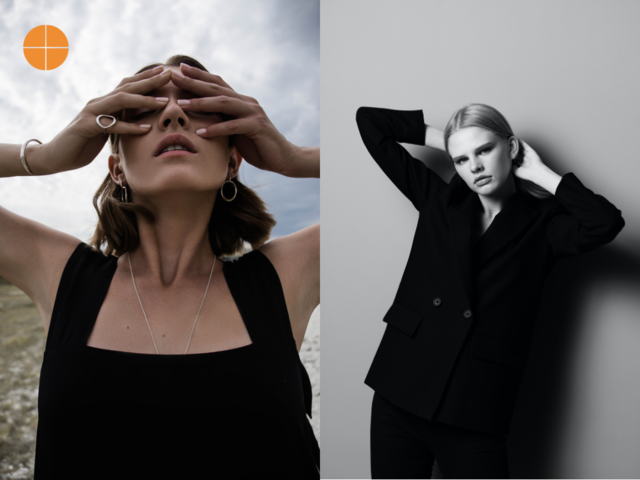 Left: Woman with her hands in her eyes, posing to the camera with black clothing and several jewellery accessories, such as earings, bracelet, rings. Left: Woman posing to the camera wearing a black suit. Both images are Fashion Photography.  